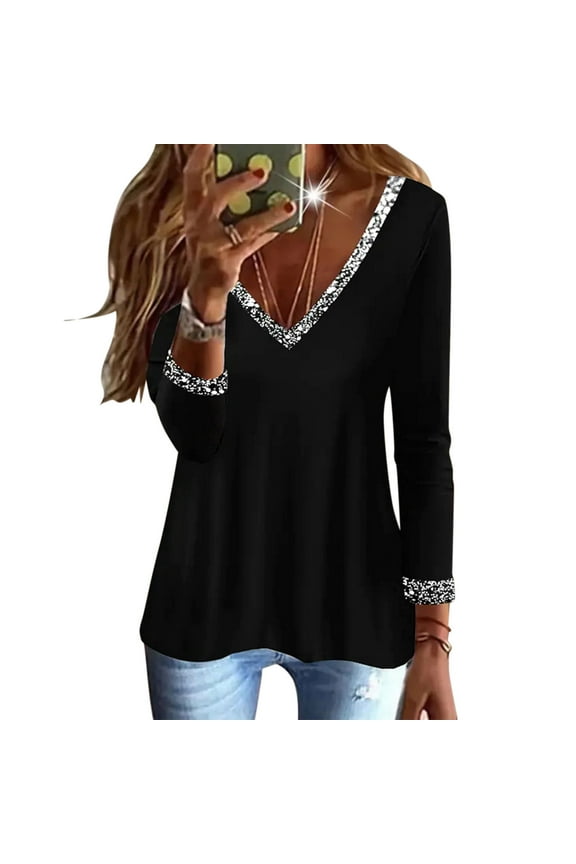 Women's T-Shirts Casual Tops BlingBling Print Long Sleeve V Neck Tee Shirt Loose Side Split Blouse Tunic for Stylish Everyday Wear
