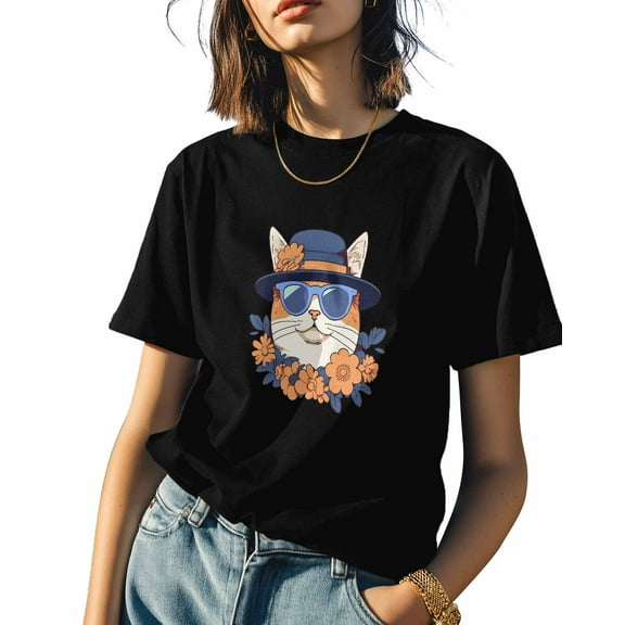 Women's T-Shirts, Cat in Hat Sunglasses Flower Cute Animal Cotton Crewneck Tee Short Sleeve Casual Tops Loose Graphic T-Shirt Black, M
