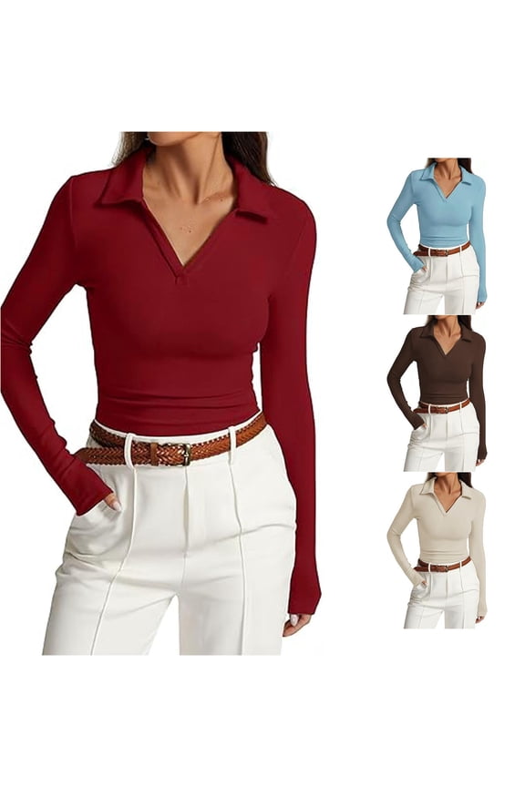Women's T-Shirts Classic V Neck Long Sleeve Slim Fit Pleated Top for Casual Everyday Wear Red L
