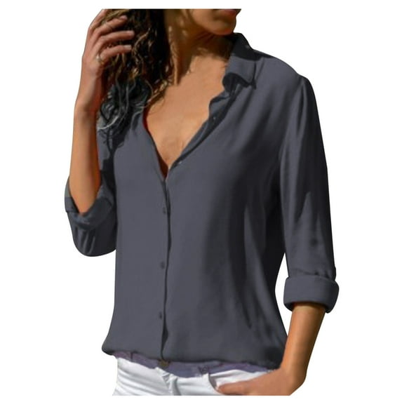 Women's T-Shirts Clothing Women's Long Sleeve Solid Color Button Turn-down Collar Shirts Blouses Tops