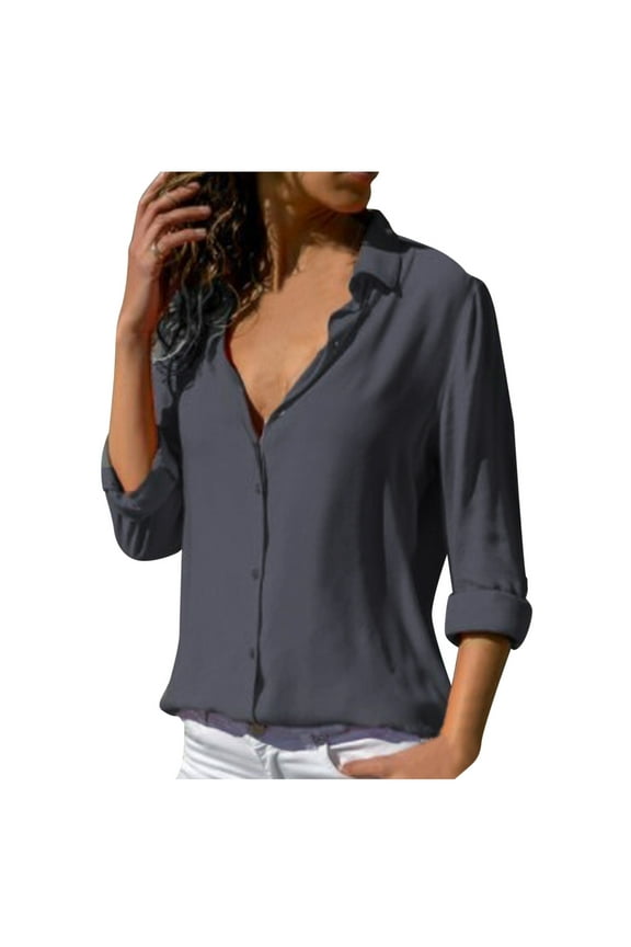Women's T-Shirts Clothing Women's Long Sleeve Solid Color Button Turn-down Collar Shirts Blouses Tops