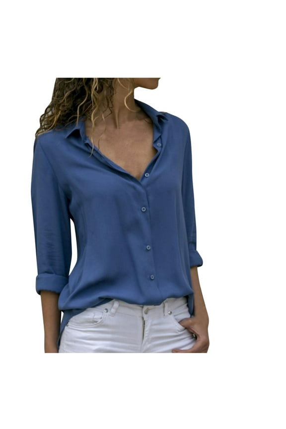 Women's T-Shirts Clothing Women's Long Sleeve Solid Color Button Turn-down Collar Shirts Blouses Tops
