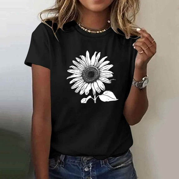 Women's T Shirts Clothes $5.00 Flower Black Fashionable Printed Short Sleeved T-shirt Top
