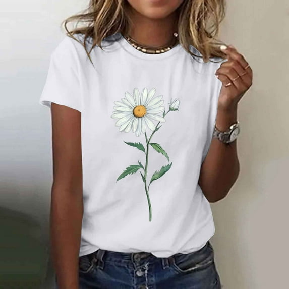 Women's T Shirts Clothes $5.00 Flower Black Fashionable Printed Short Sleeved T-shirt Top