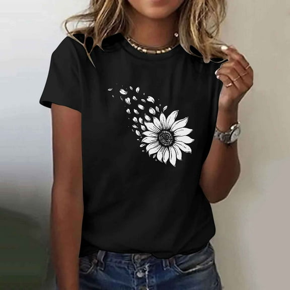 Women's T Shirts Clothes $5.00 Flower Black Fashionable Printed Short Sleeved T-shirt Top