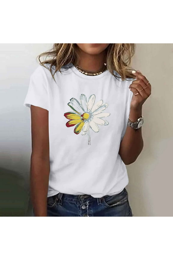 Women's T Shirts Clothes $5.00 Flower Black Fashionable Printed Short Sleeved T-shirt Top