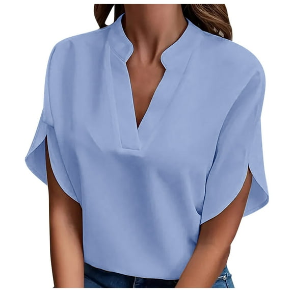 Women's T-Shirts Cold Shoulder Summer Casual Short Sleeve V Neck Loose Solid Color Blouse Shirts for Stylish Outfits
