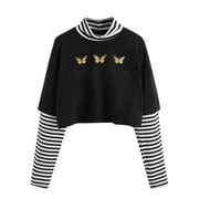 Women's T-Shirts Color Block Sun Moon Print Striped Long Sleeve Crop Top Tops Blouse Womens Spring Tops