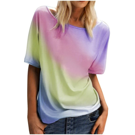 Women's T-Shirts Comfortable Rainbow Gradient Print Casual Loose Short Sleeve Round Neck Top for Everyday Wear