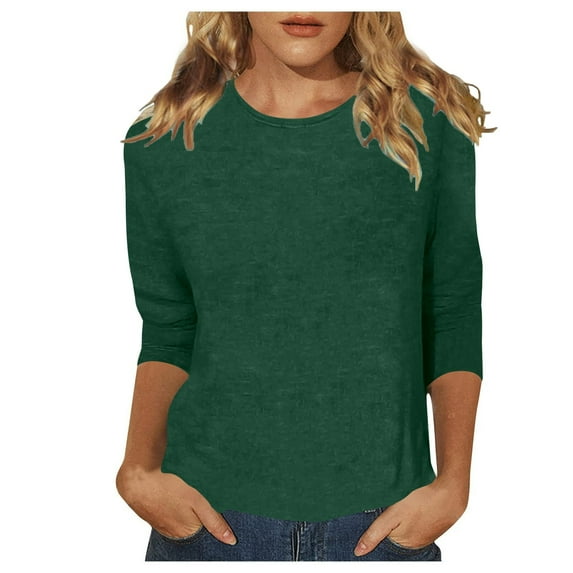 Women's T-Shirts Comfortable Solid Color Casual 3/4 Sleeve Crew Neck T Shirt Relaxed Fit Everyday Top for Women