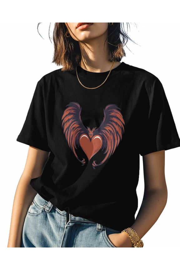 Women's T-Shirts, Cool Brown Devil Wings Heart Cotton Crewneck Tee Short Sleeve Casual Tops Loose Graphic T-Shirt Black, L