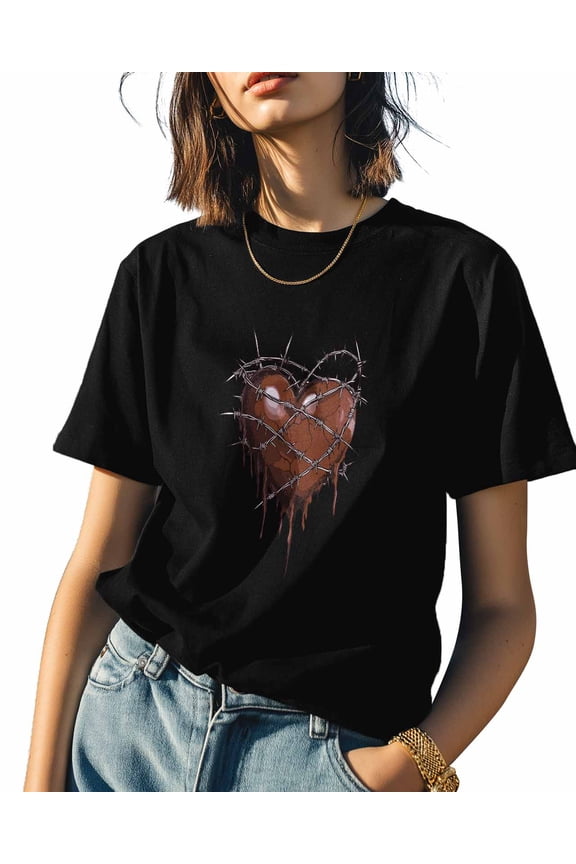 Women's T-Shirts Cool Heart Thorns Valentine Cotton Crewneck Tee Short Sleeve Casual Tops Loose Graphic T-Shirt Black, XL