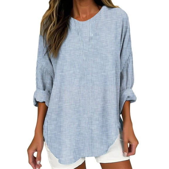 Women's T-Shirts Cotton And Linen Retro Striped Design Loose Long Sleeve Crew Neck Top 1PC Top Size S-2XL Oversized Tshirts For Women