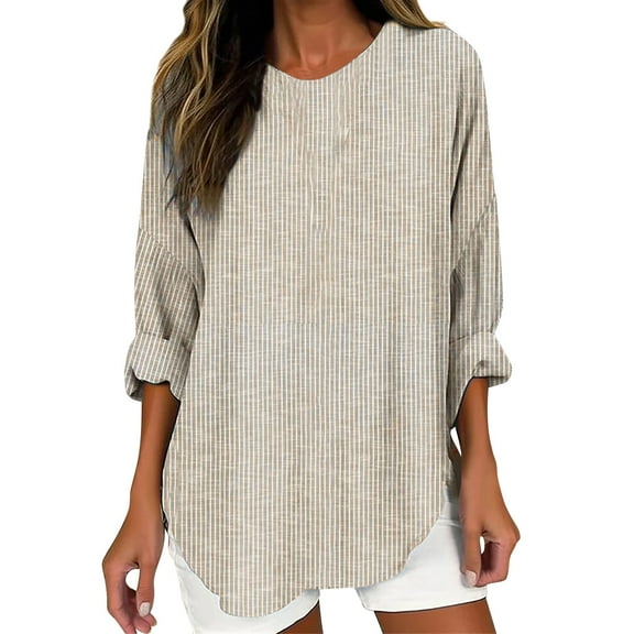 Women's T-Shirts Cotton And Linen Retro Striped Design Loose Long Sleeve Crew Neck Top 1PC Top Size S-2XL Oversized Tshirts For Women