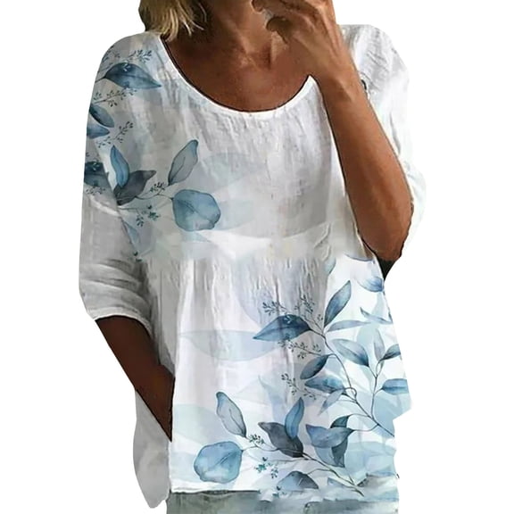 Oversized Tshirts for Women 3/4 Sleeve Floral Leaf Print Blouse - Oversized Loose Flowy Cotton Linen Shirt for Spring Summer Tshirts Shirts for Women Comfort Colors Tshirt