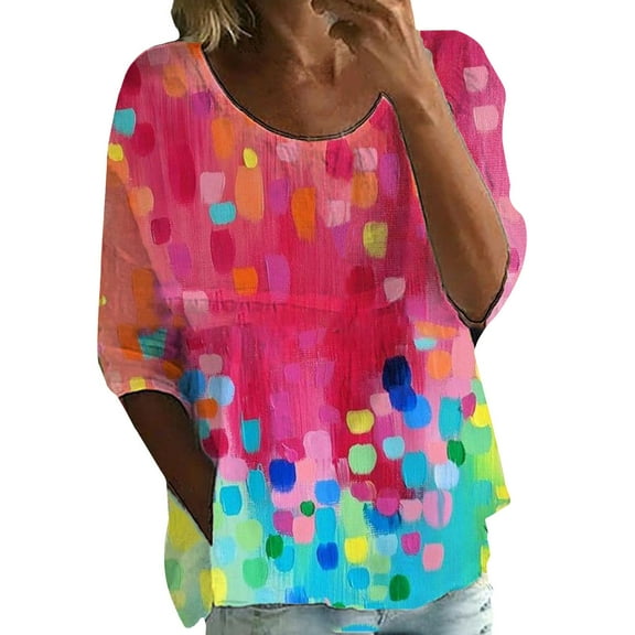 Oversized Tshirts for Women 3/4 Sleeve Floral Leaf Print Blouse - Oversized Loose Flowy Cotton Linen Shirt for Spring Summer Tshirts Shirts for Women Comfort Colors Tshirt