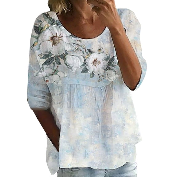 Oversized Tshirts for Women 3/4 Sleeve Floral Leaf Print Blouse - Oversized Loose Flowy Cotton Linen Shirt for Spring Summer Tshirts Shirts for Women Comfort Colors Tshirt