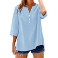 thumbnail image 1 of Women's T-Shirts Cotton Linen Shirt Summer Button Down Top 3/4 Length Sleeve Casual Blouse Oversized Tshirt Linen Fabric 1PC T-Shirt Size L-5XL Oversized Tshirts For Women, 1 of 9