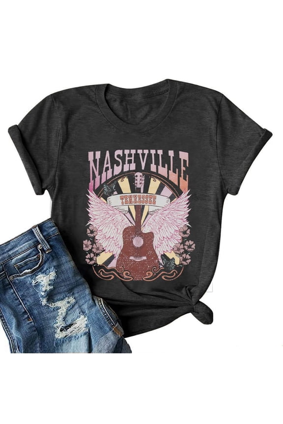 Women's T Shirts Country Music Nashville Tennessee Graphic Short Sleeve Tee Womens Tops Black L