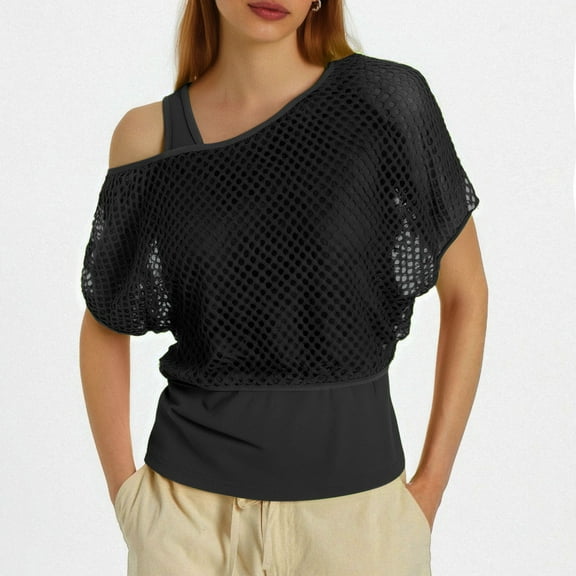 Women's T-Shirts Cozy Women 80s T Shirts Neon Fishnet Mesh Top Off Shoulder Tops For Women Black L