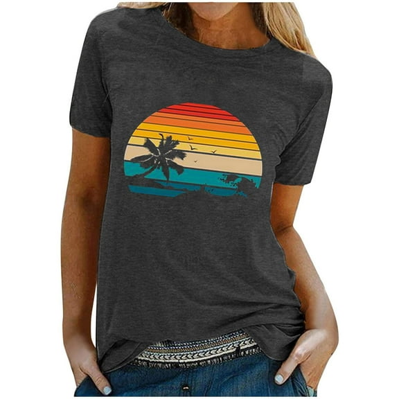Women's T-Shirts Crew Neck Ladies Short Sleeve T Shirts Summer Tops Graphic Printed Tee Casual Cotton T shirts Dark Gray XL