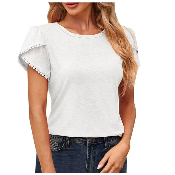 Women's T-Shirts Crew Neck Petal Sleeve Casual Loose Fit T Shirt Summer Blouse for Everyday Wear & Stylish Comfort