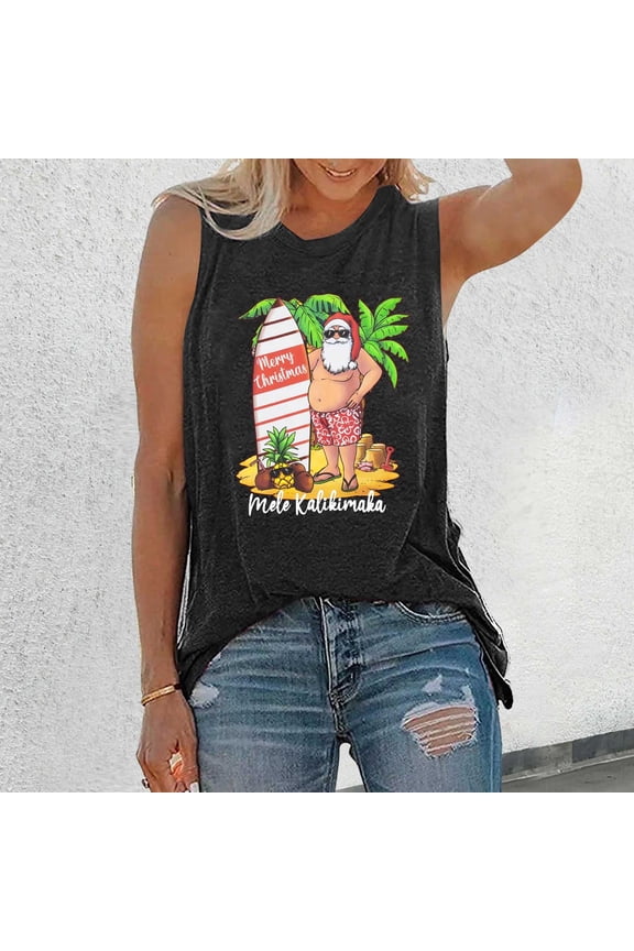 Women's T Shirts Custom Print Crew Neck Sleeveless Tank Tops for Christmas Party Wear Womens Tees Black L