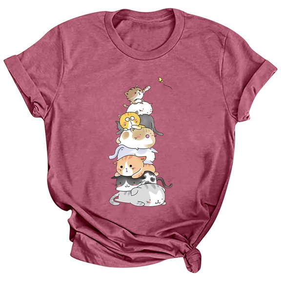 Women's T Shirts Cute Cat Cartoon Print Summer Short Sleeve Tees Kawaii Oversized Y2K Crewneck Casual Tops