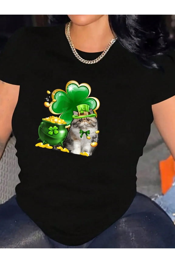 Women's T-Shirts Cute Cat Shamrock Irish Saint St Patrick Day Graphic Unique Print Casual Crew Neck Short-Sleeved Suitable Choice