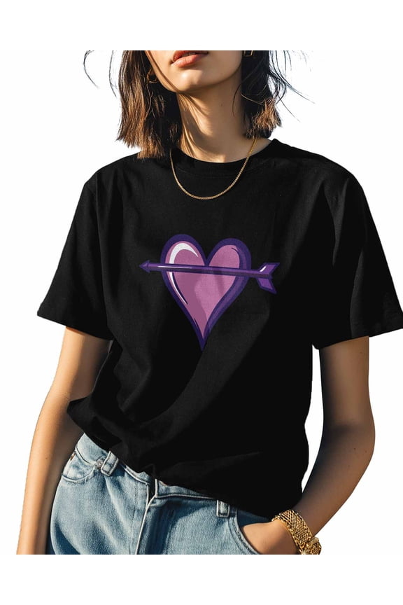 Women's T-Shirts, Cute Valentine Heart Arrow Cotton Crewneck Tee Short Sleeve Casual Tops Loose Graphic T-Shirt Black, 2XL