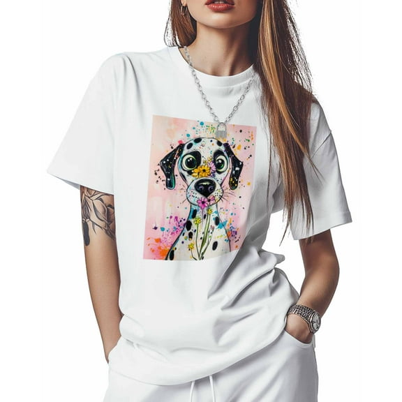 Women's T-Shirts, Dalmatian Flowers Cute Animal Cotton Crewneck Tee Short Sleeve Casual Tops Loose Graphic T-Shirt White, 3XL