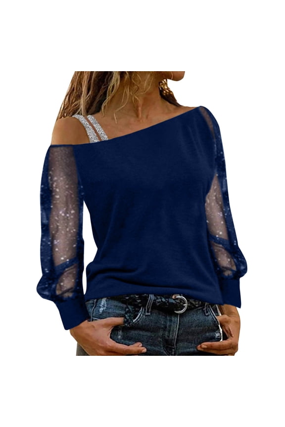 Women’s T-Shirts Elegant Knit Top With Net Design And Rhinestones For Party And Casual Winter Wear Blue M