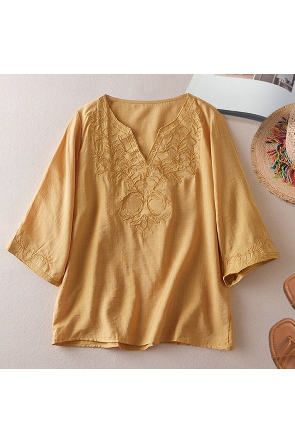 Women's T Shirts Embroidered Shirt Summer Loose Fit Tunic Top Casual Blouse Women Tops Yellow M