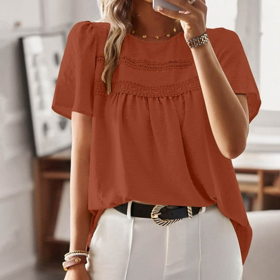 Women's T Shirts For Everyday Wear Short Sleeve Crew Neck Lace Hollow Design Women Summer Shirts Casual T Shirts Women Pack of Turtle Neck Top for Women Stretch Shirt Turtle Neck Top for Women