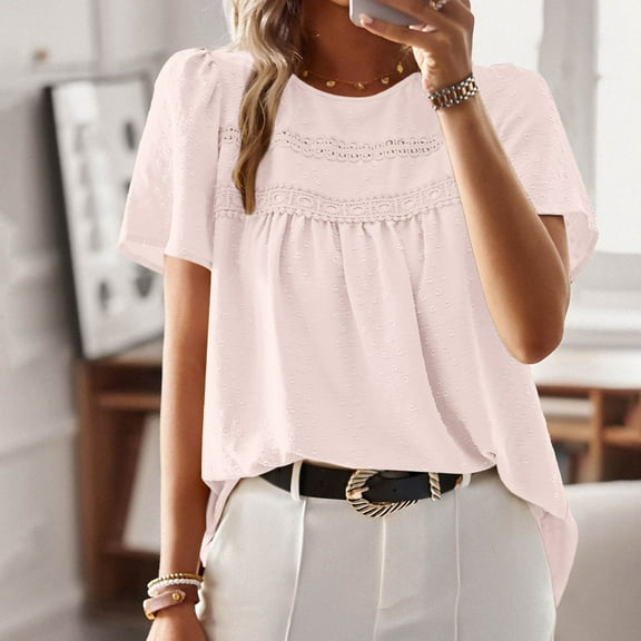 Women's T Shirts For Everyday Wear Short Sleeve Crew Neck Lace Hollow Design Women Summer Shirts Casual T Shirts Women Pack of Turtle Neck Top for Women Stretch Shirt Turtle Neck Top for Women