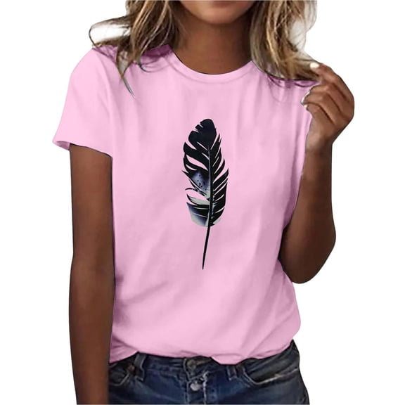 Women's T-Shirts Fashion Casual Spring Summer Round Neck 3D Feather Print Short Sleeve Top for Everyday Wear