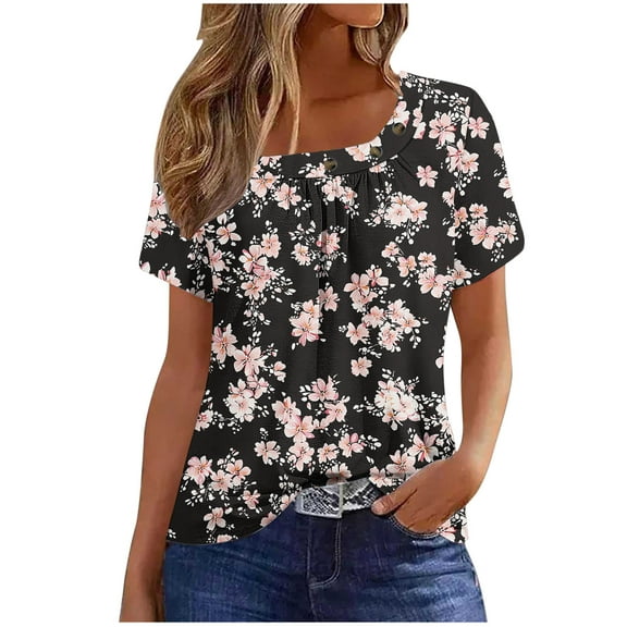 Women's T-Shirts Fashion Full Floral Printing Front Pleated Blouses Top Summer Square Collar Short Sleeved Shirts Button Casual Loose Pullover Tops