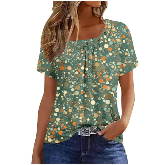 Women's T-Shirts Fashion Full Floral Printing Front Pleated Blouses Top Summer Square Collar Short Sleeved Shirts Button Casual Loose Pullover Tops
