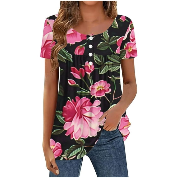Women's T-Shirts Fashion Gradient Color Print Printed Shirts Summer Short Sleeved Round Neck Button Blouses Casual Pleated Shirts Pullover Top