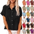 thumbnail image 1 of Women's T Shirts Fashion Spring Clothing Fabric Solid Color Front Pocket Hem Fringe Short Sleeve Flared Collar Top, 1 of 9