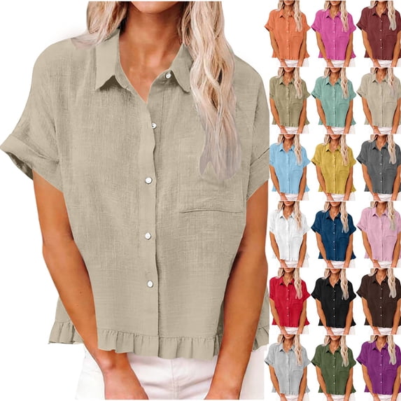Women's T Shirts Fashion Spring Clothing Fabric Solid Color Front Pocket Hem Fringe Short Sleeve Flared Collar Top