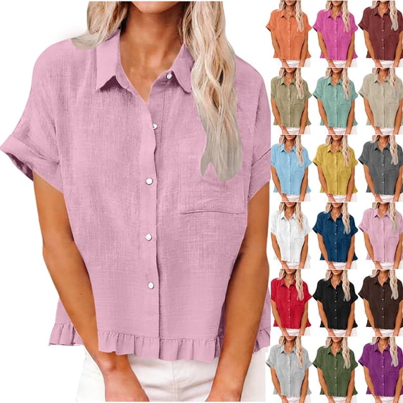 Women's T Shirts Fashion Spring Clothing Fabric Solid Color Front Pocket Hem Fringe Short Sleeve Flared Collar Top