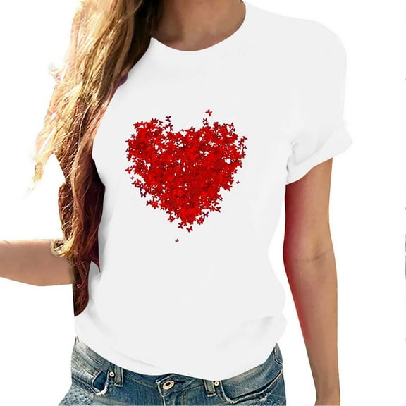 Women's T Shirts Fashion Valentine's Day Love Heart Printed Shirts Tops Casual Short Sleeve Top Summer T Shirt Loose Round Neck Blouses