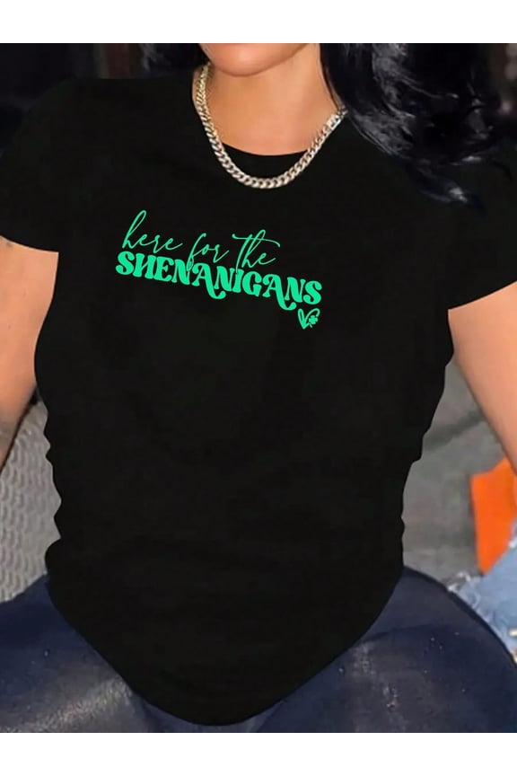 Women's T-Shirts Fashionable Here For Shenanigans, Funny St Patricks Day Graphic Unique Print Casual Crew Neck Short-Sleeved Suitable Everyday Wear