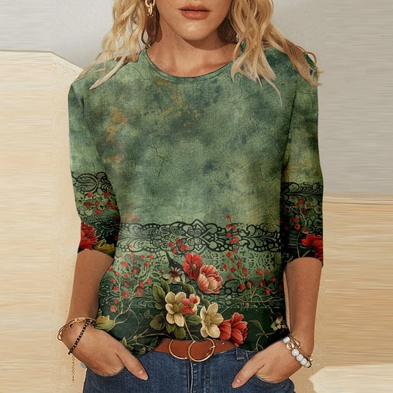 Women's T Shirts Floral Print Long Sleeve Round Neck T Shirt Casual Womens Tees Dark Green L