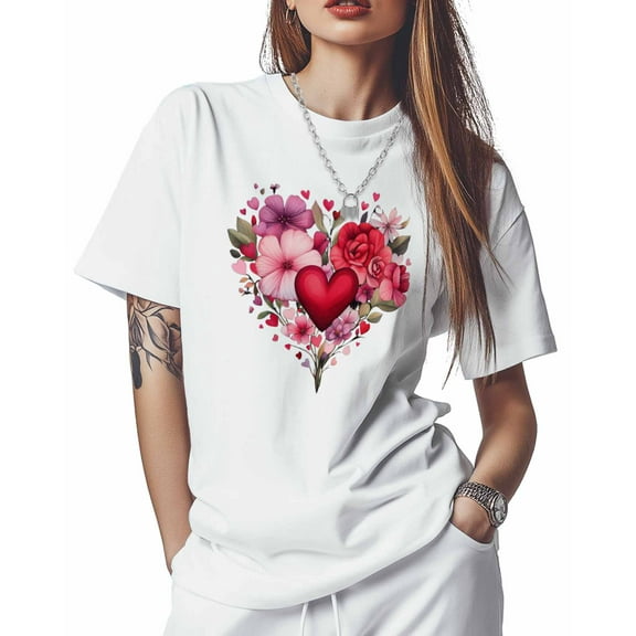 Women's T-Shirts, Flowers Love Heart Bouquet Leaf Cotton Crewneck Tee Short Sleeve Casual Tops Loose Graphic T-Shirt White, XL