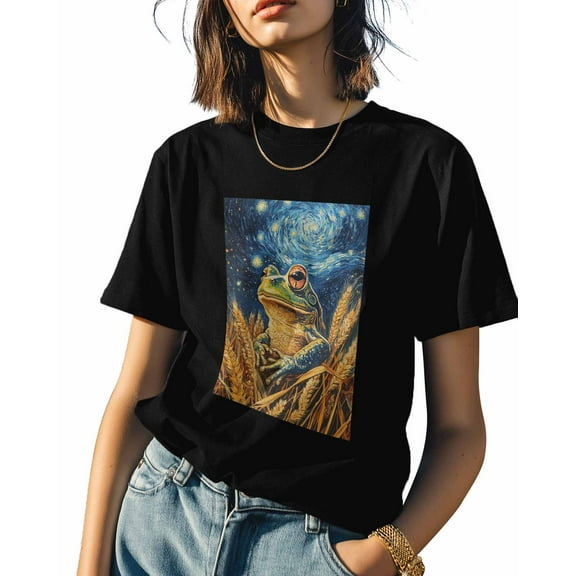 Women's T-Shirts, Frog Wheat Field Oil Painting Cotton Crewneck Tee Short Sleeve Casual Tops Loose Graphic T-Shirt Black, M