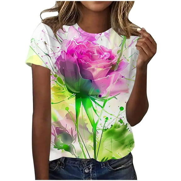 Women's T-Shirts G Print Round Neck Short Sleeve Top for Casual Wear