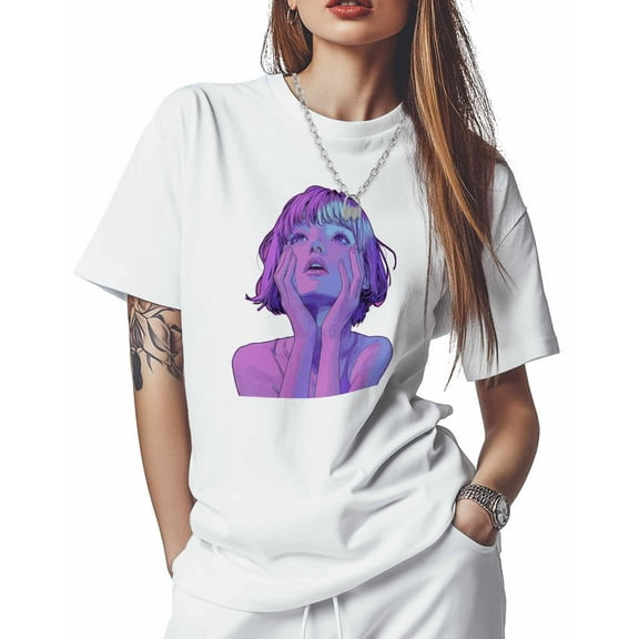 Women's T-Shirts, Girl Abstract Pop Art Cotton Crewneck Tee Short Sleeve Casual Tops Loose Graphic T-Shirt White, XL