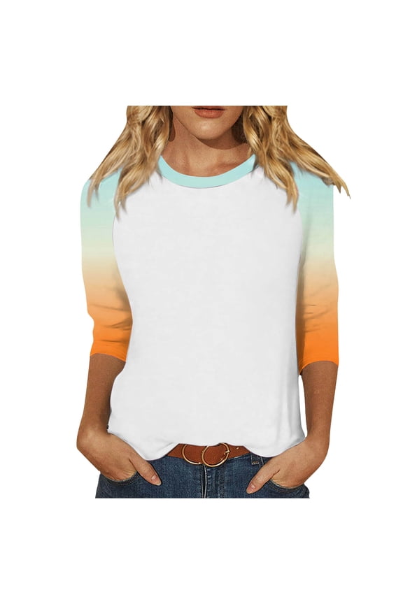Women's T-Shirts Gradient 3/4 Raglan Sleeve Round Neck T Shirt Tops Casual Tee Shirts